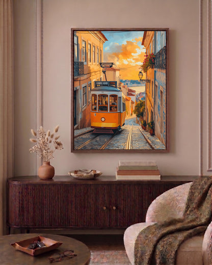 Oil-style travel art of a vintage tram on a steep lane, made to order framed canvas