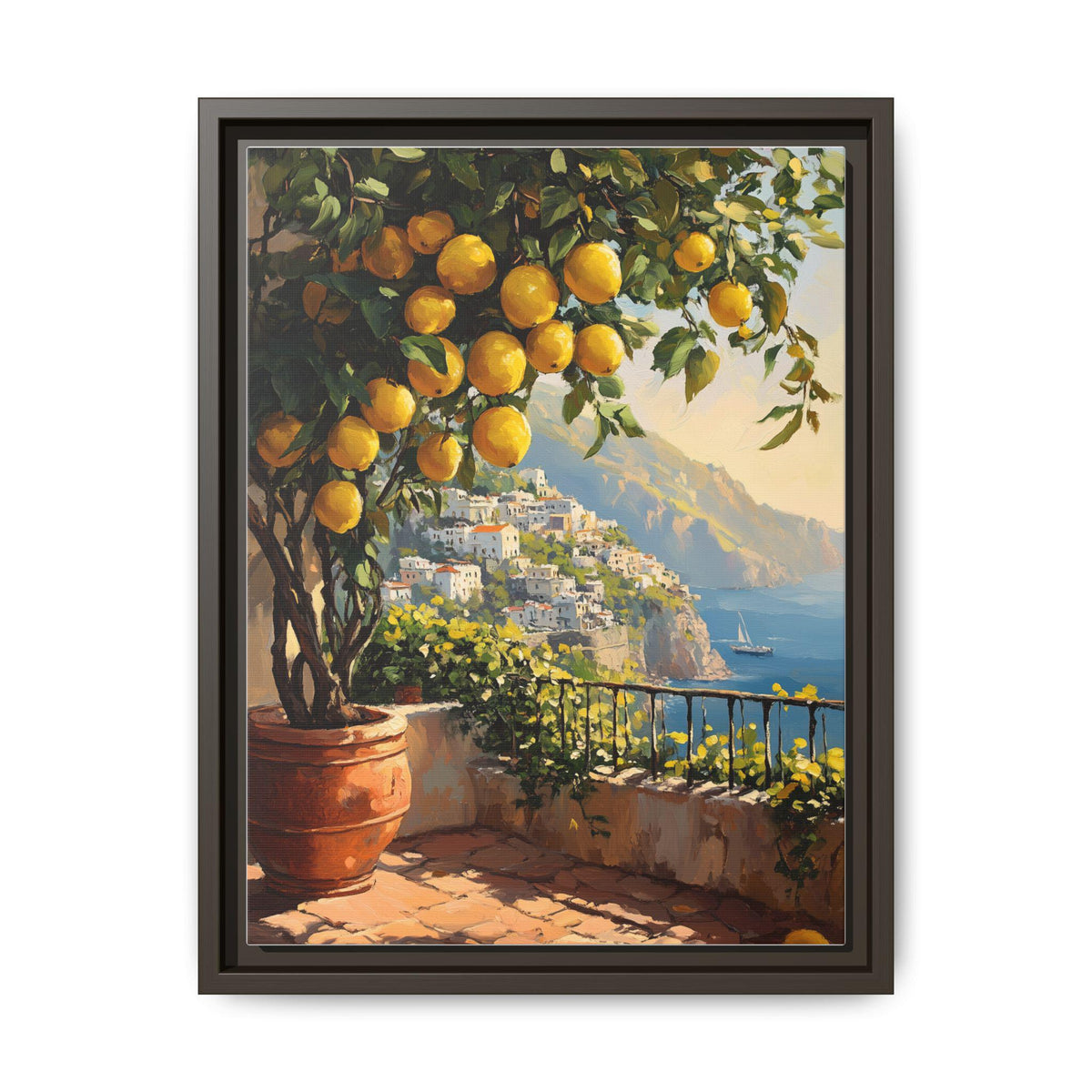 Lemon Tree wall art framed canvas print in an espresso wood frame