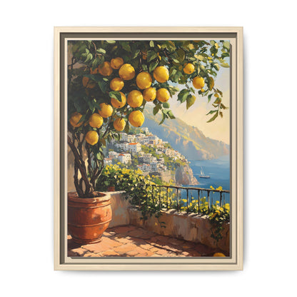 Lemon Tree wall art framed canvas print in a natural wood frame