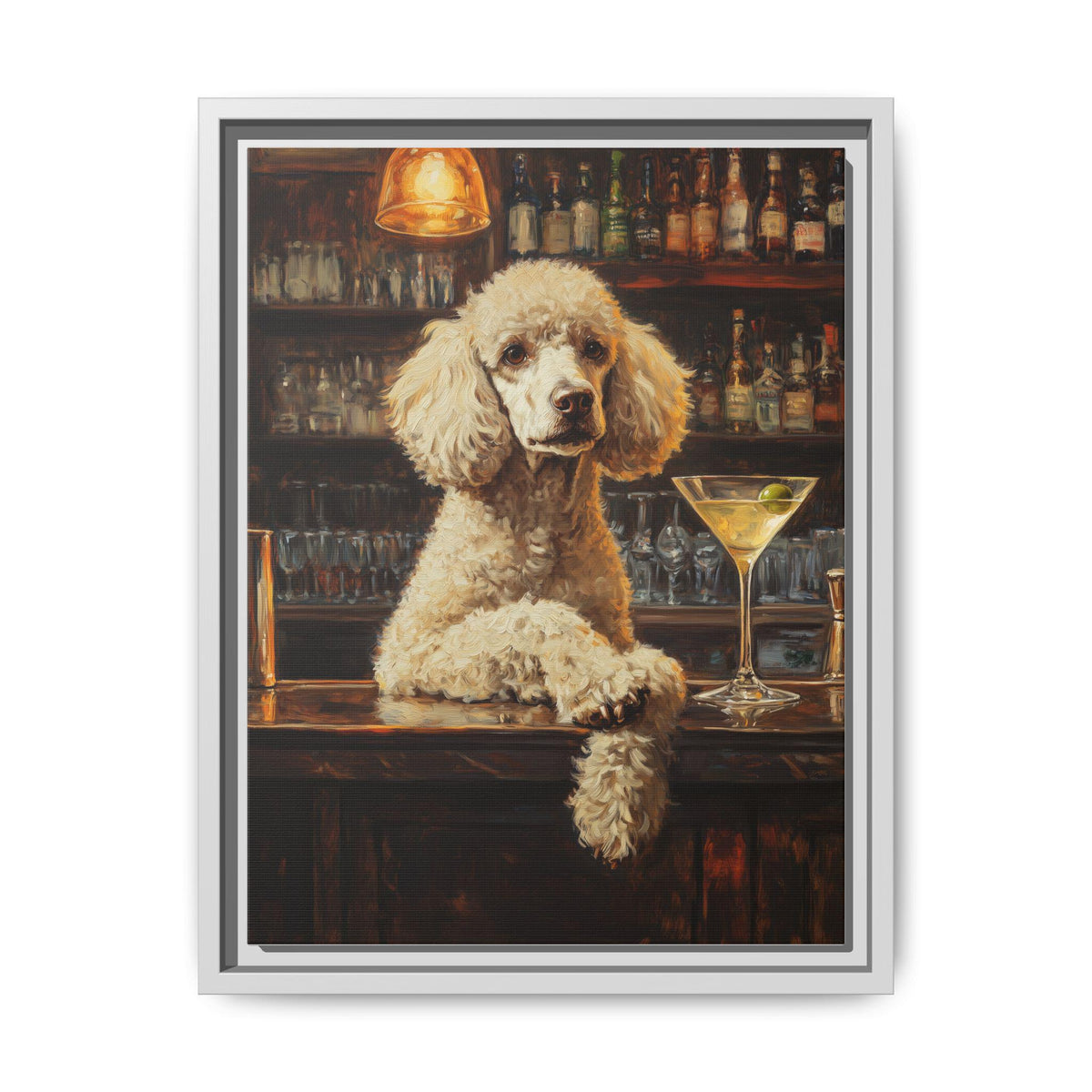 Poodle wall art framed canvas print in a white wood frame