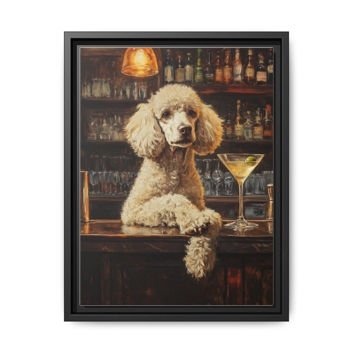 Poodle wall art framed canvas print in a black wood frame