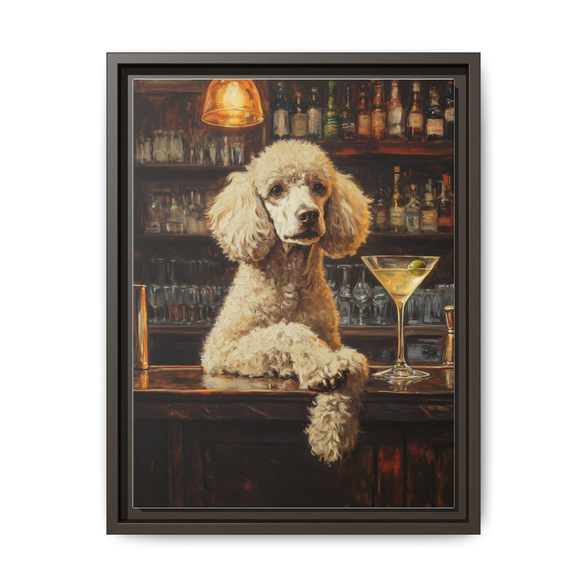 Poodle wall art framed canvas print in an espresso wood frame