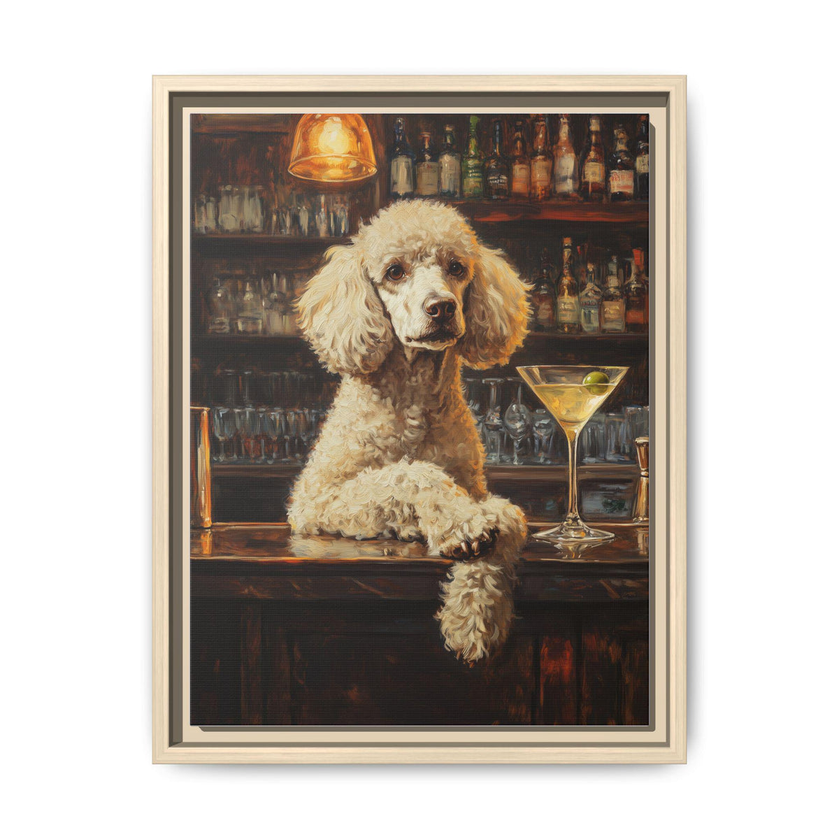 Poodle wall art framed canvas print in a natural wood frame