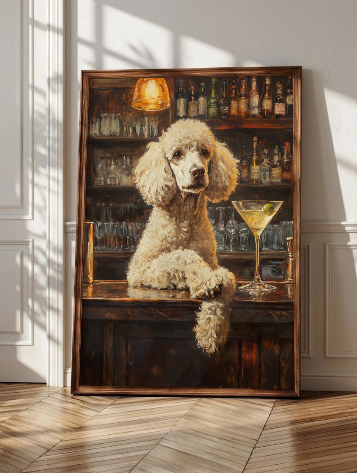 Poodle wall art: a cream standard poodle with paws up at a dark bar counter