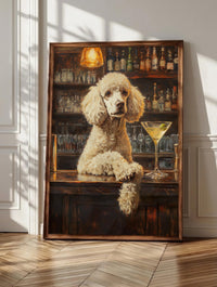Poodle wall art: a cream standard poodle with paws up at a dark bar counter