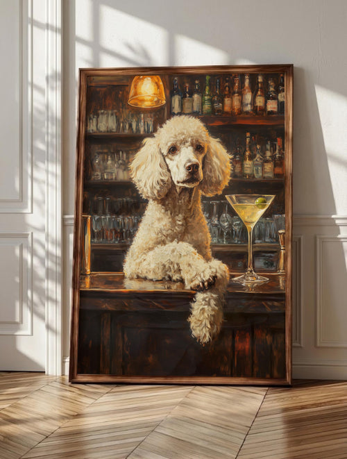 Poodle wall art: a cream standard poodle with paws up at a dark bar counter