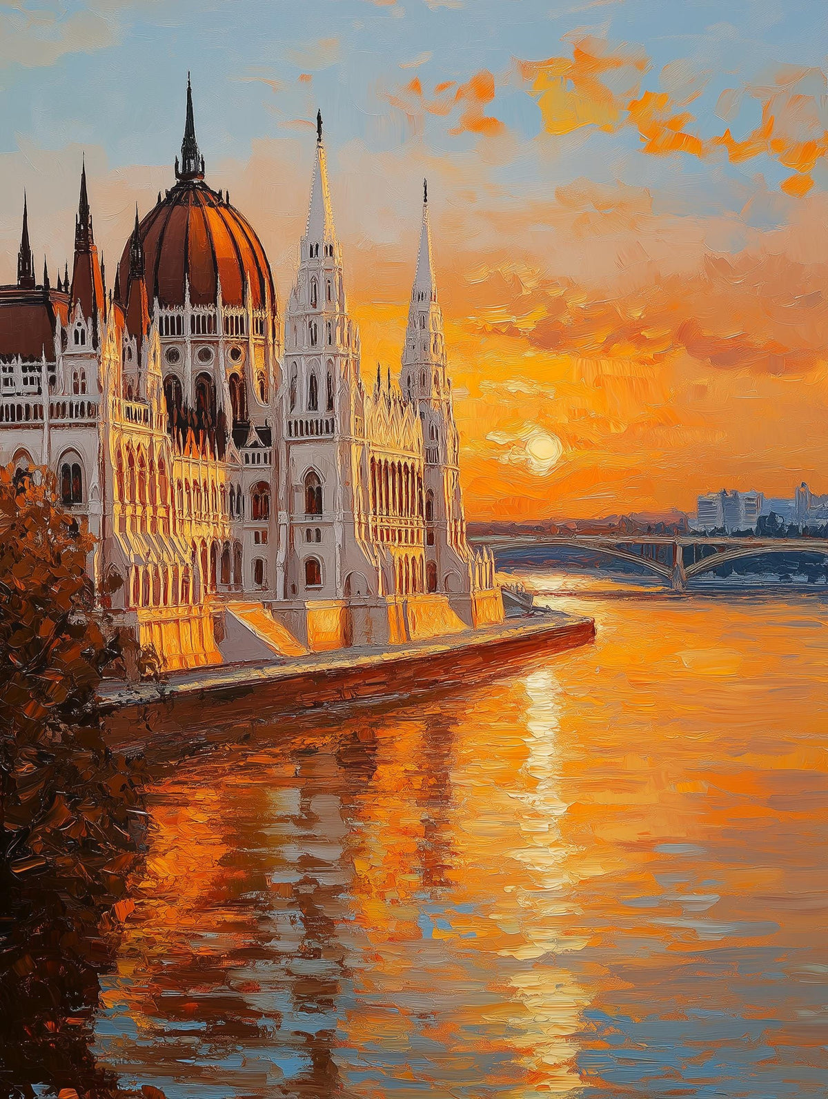 Painterly Budapest canvas print with the Danube running below the Parliament