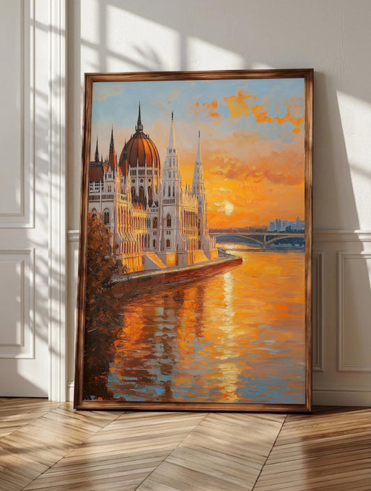 Budapest wall art: the neo-Gothic Parliament dome and white spires at golden hour, framed canvas