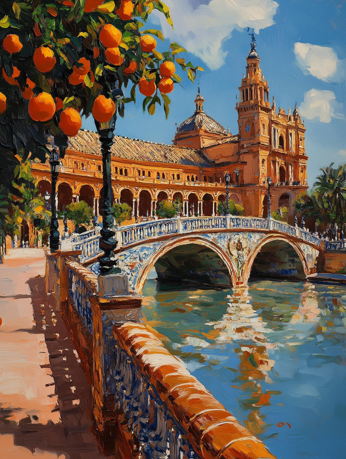 Painterly Plaza de Espana canvas print with Spanish tilework and wide arches