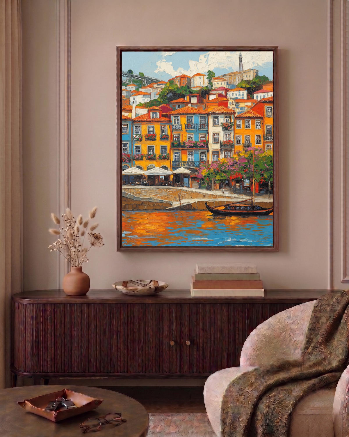 Portugal riverside framed canvas hand-framed in solid wood, ready to hang