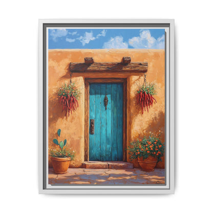 Santa Fe wall art framed canvas print in a white wood frame