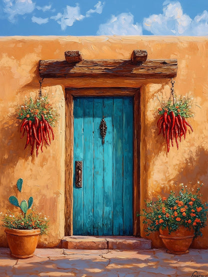 Southwestern adobe canvas print painted in warm afternoon light and loose oils