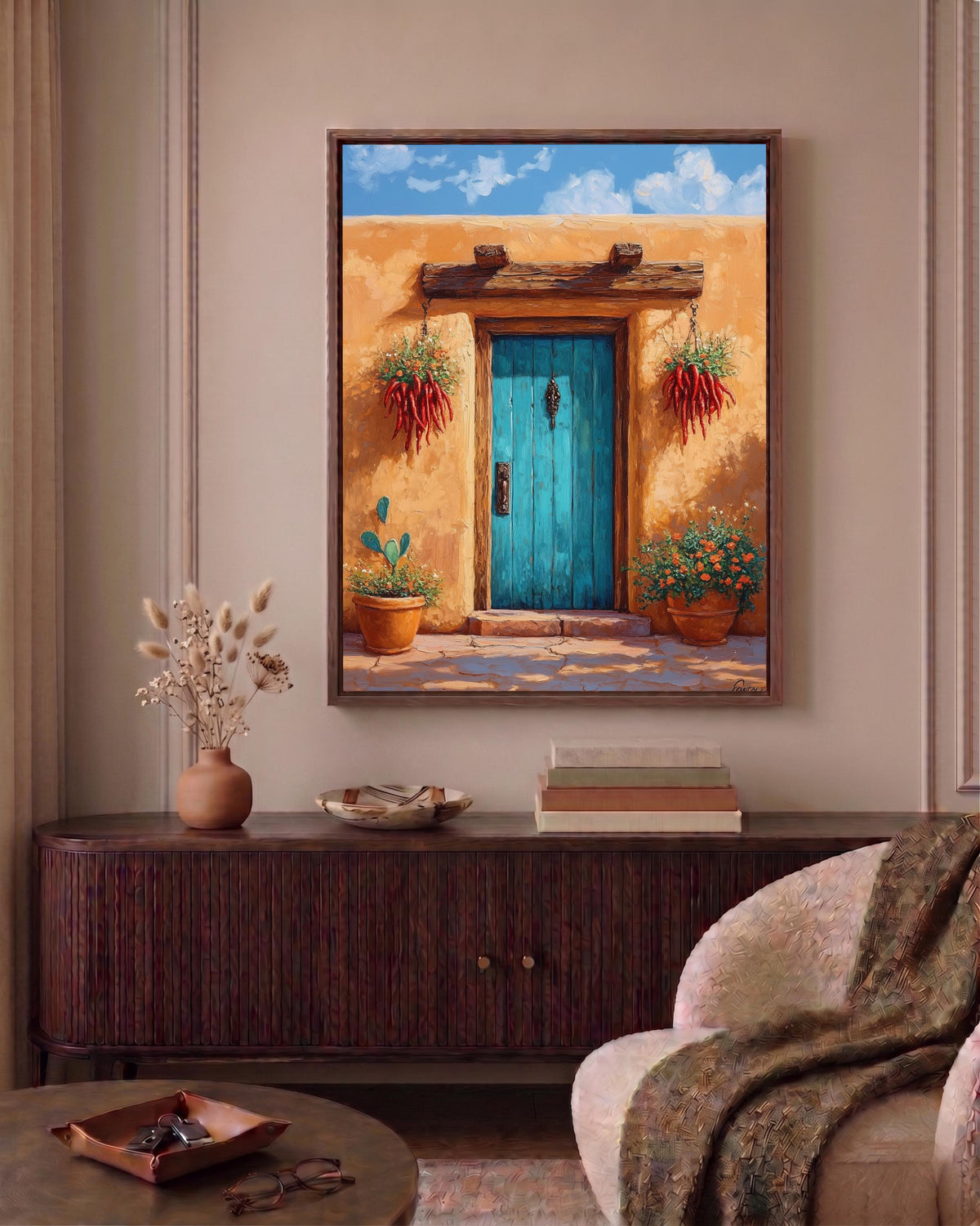 Oil-painting style New Mexico door art on cotton canvas, made to order