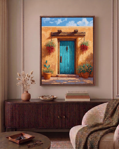 Oil-painting style New Mexico door art on cotton canvas, made to order