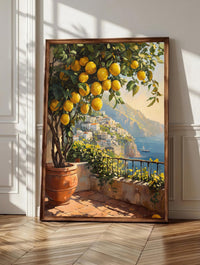 Lemon tree wall art: ripe Amalfi lemons in a terracotta pot above Positano, framed canvas