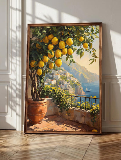 Lemon tree wall art: ripe Amalfi lemons in a terracotta pot above Positano, framed canvas