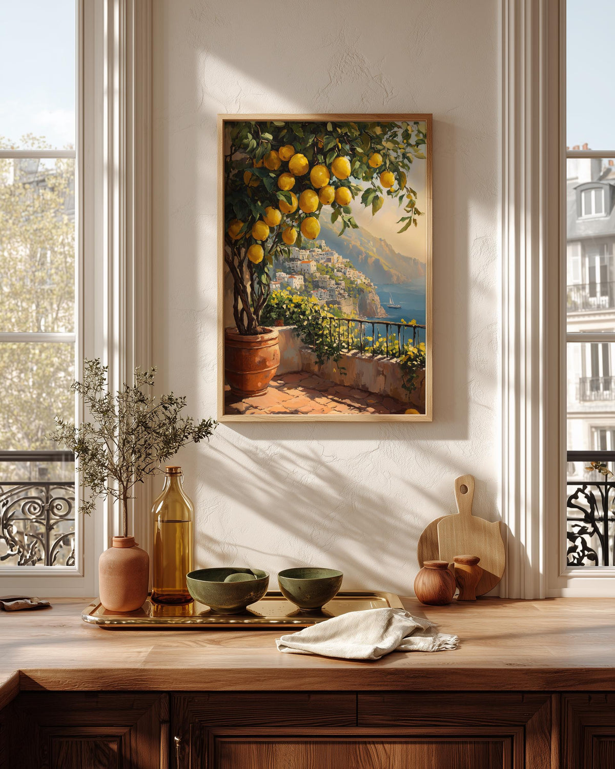 Amalfi lemon framed canvas art set in a solid wood frame, ready to hang