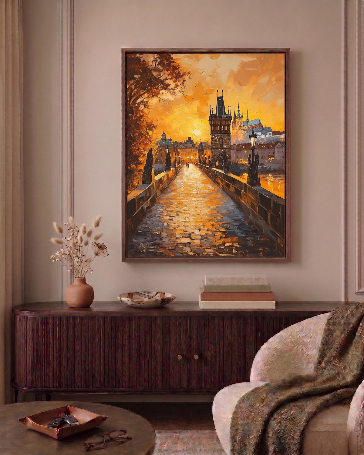 Oil-painting style Czech cityscape in a solid wood frame, made to order