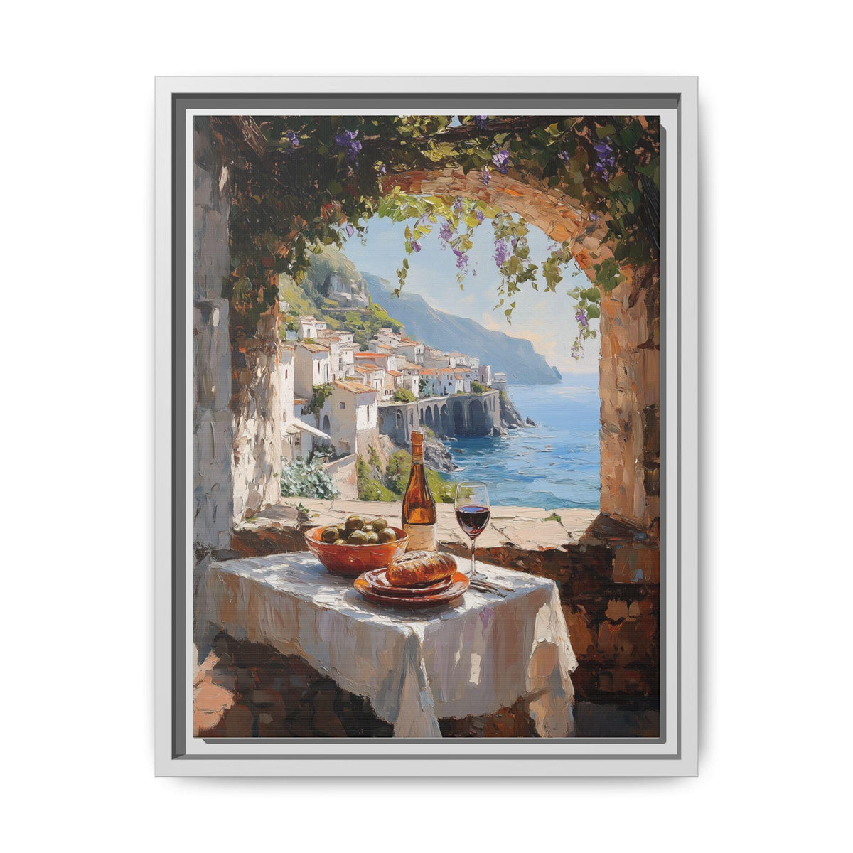 Al Fresco Dining wall art framed canvas print in a white wood frame
