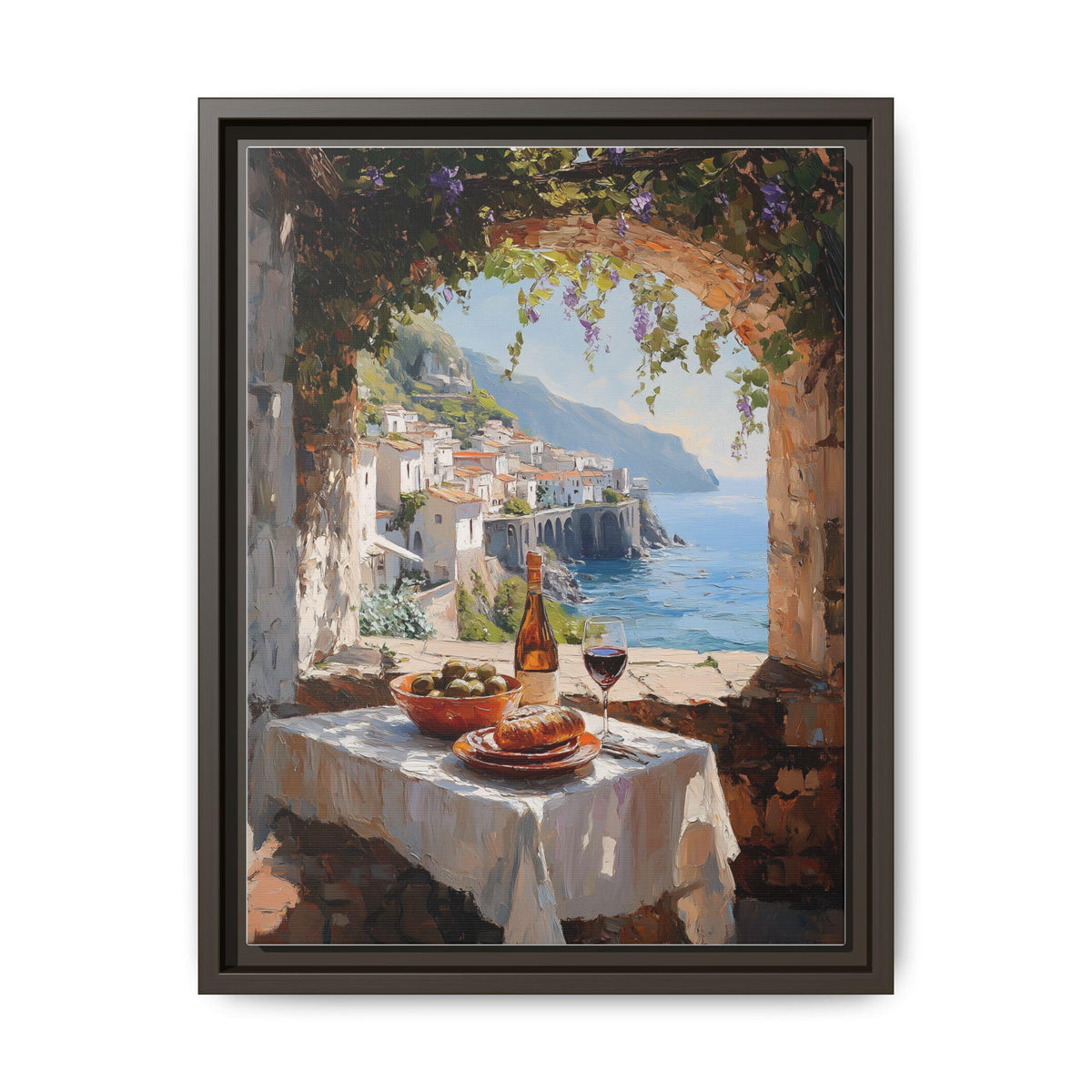 Al Fresco Dining wall art framed canvas print in an espresso wood frame
