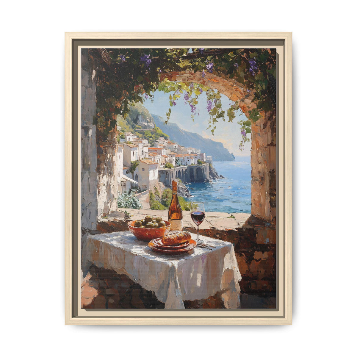 Al Fresco Dining wall art framed canvas print in a natural wood frame