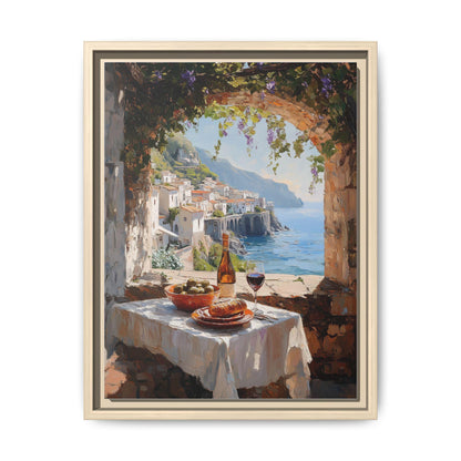 Al Fresco Dining wall art framed canvas print in a natural wood frame