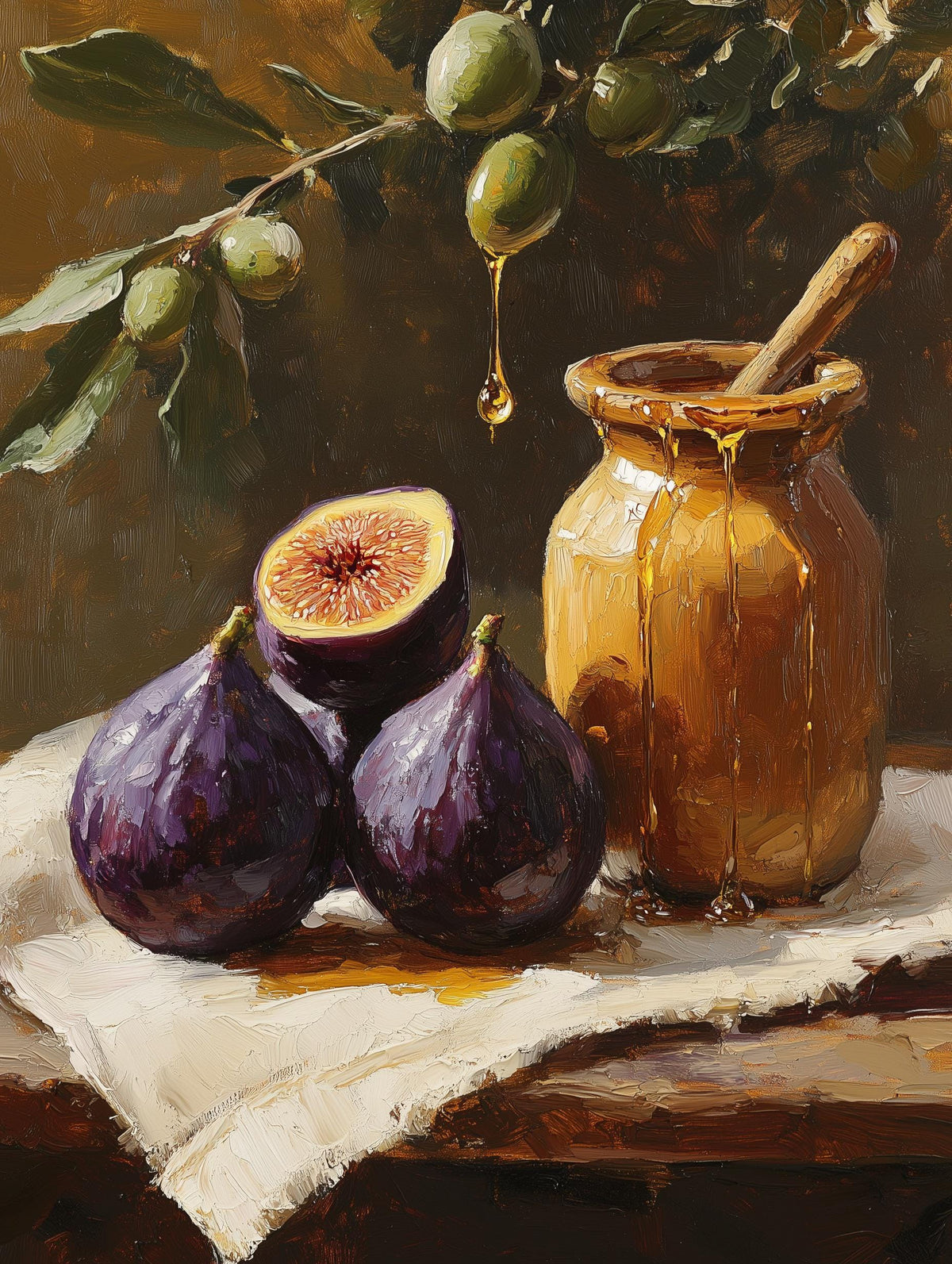 Rustic Mediterranean still life painted in warm oils, deep purple against cream