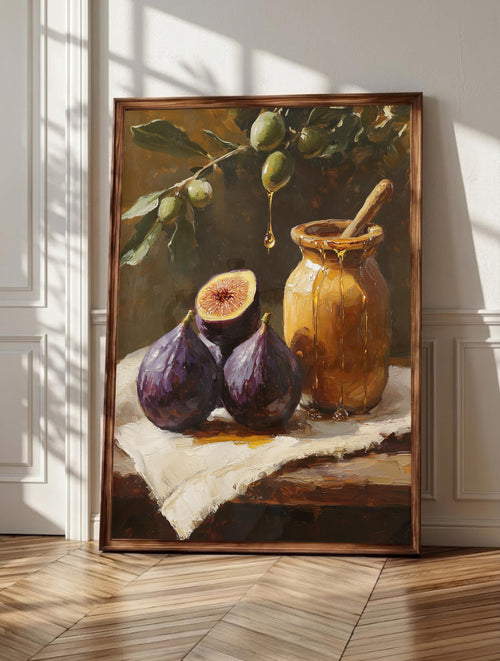 Fig wall art: dark purple figs on white linen with one halved beside honey