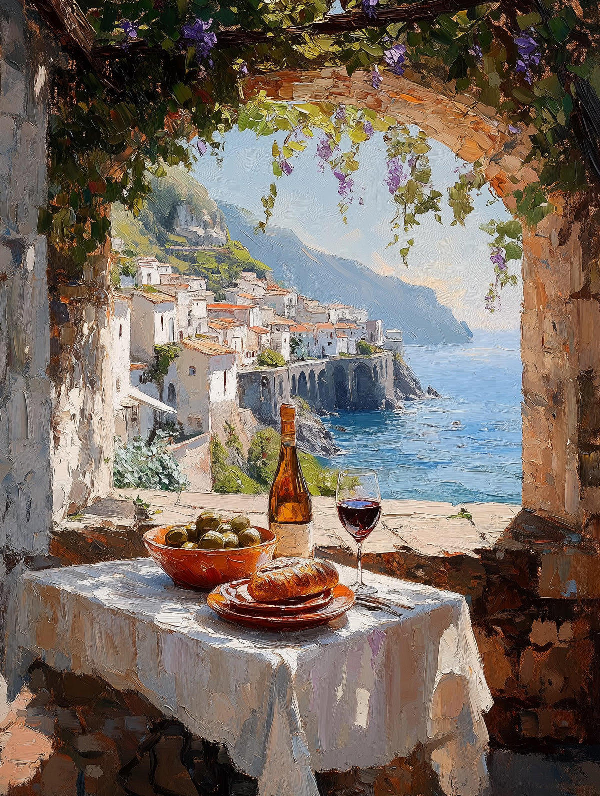 Painterly Italian terrace canvas print with olives and wine set out on the table