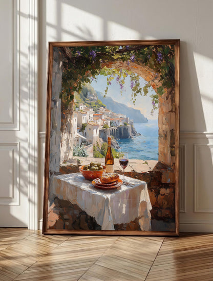 Al fresco dining wall art: a wisteria-draped stone archway above a cobalt bay, framed canvas