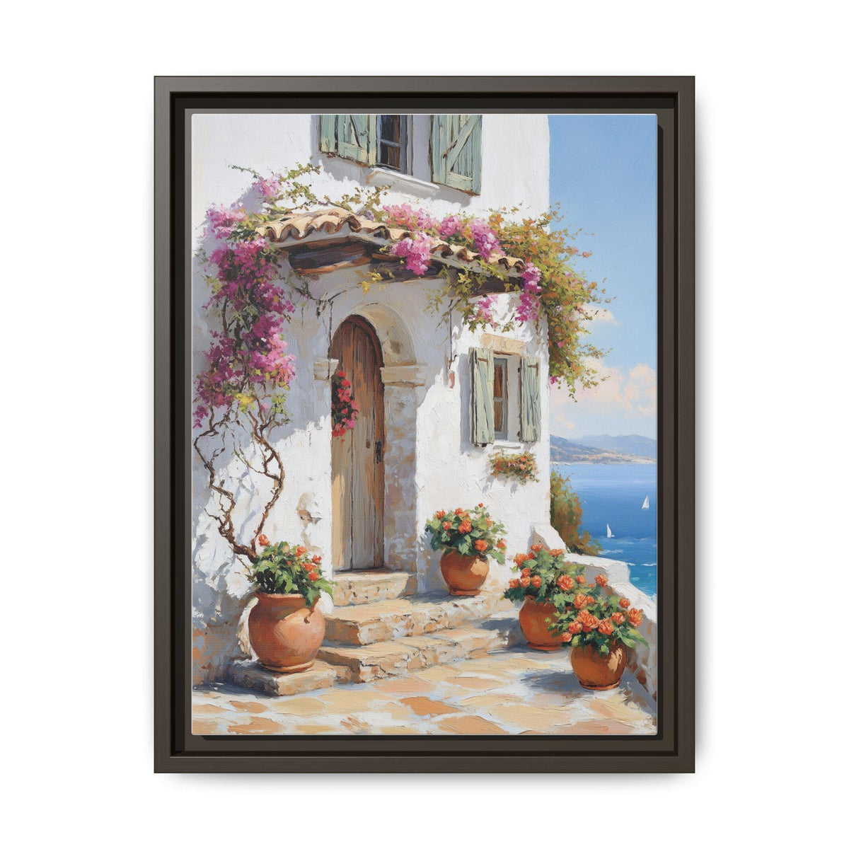 Bougainvillea wall art framed canvas print in an espresso wood frame