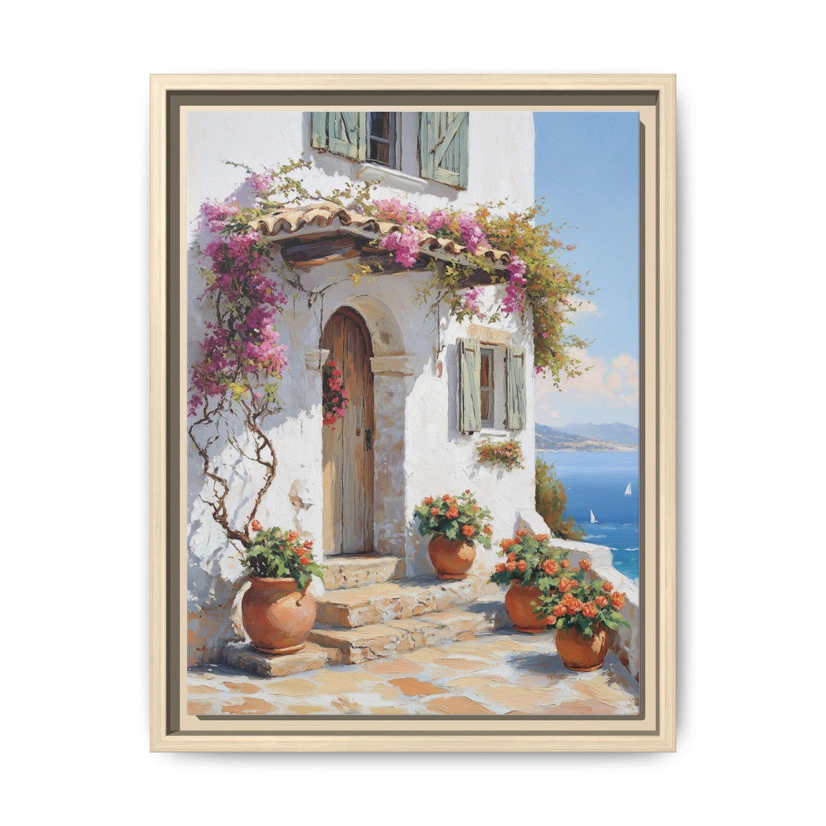 Bougainvillea wall art framed canvas print in a natural wood frame