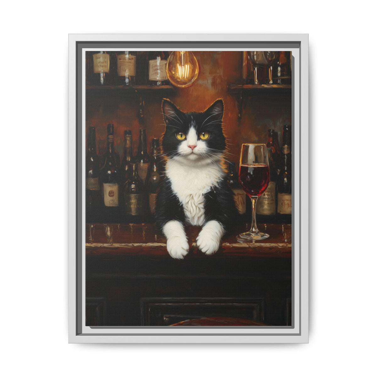 Tuxedo Cat wall art framed canvas print in a white wood frame