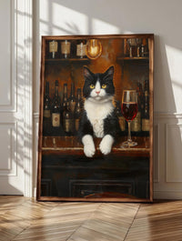 Tuxedo cat wall art: a black and white cat waiting at an Italian bar counter