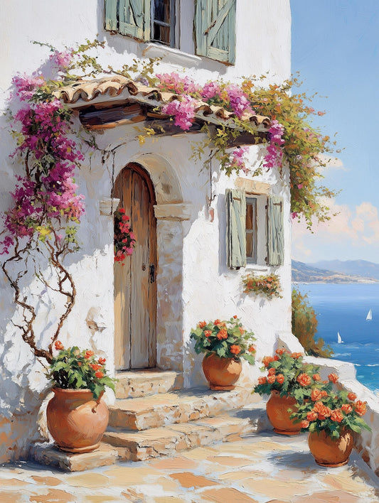 Painterly coastal villa canvas print with magenta bougainvillea over whitewashed stone
