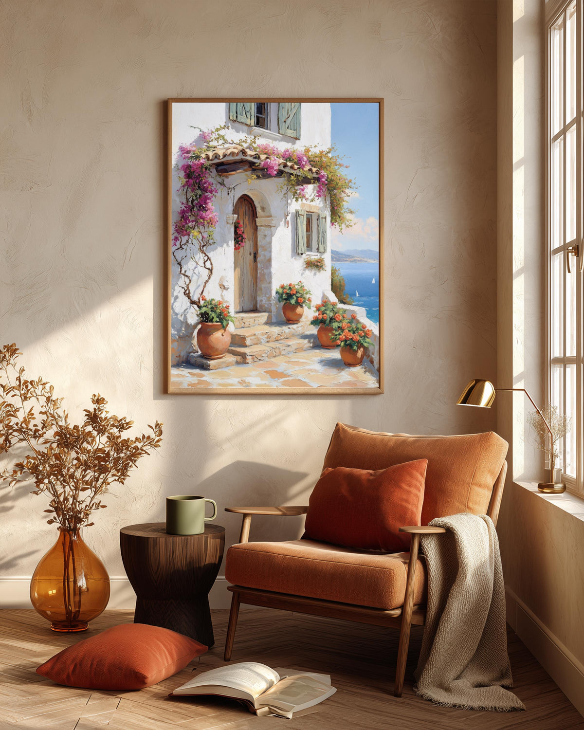 Oil-painting style Mediterranean archway and sea view, made to order on cotton canvas