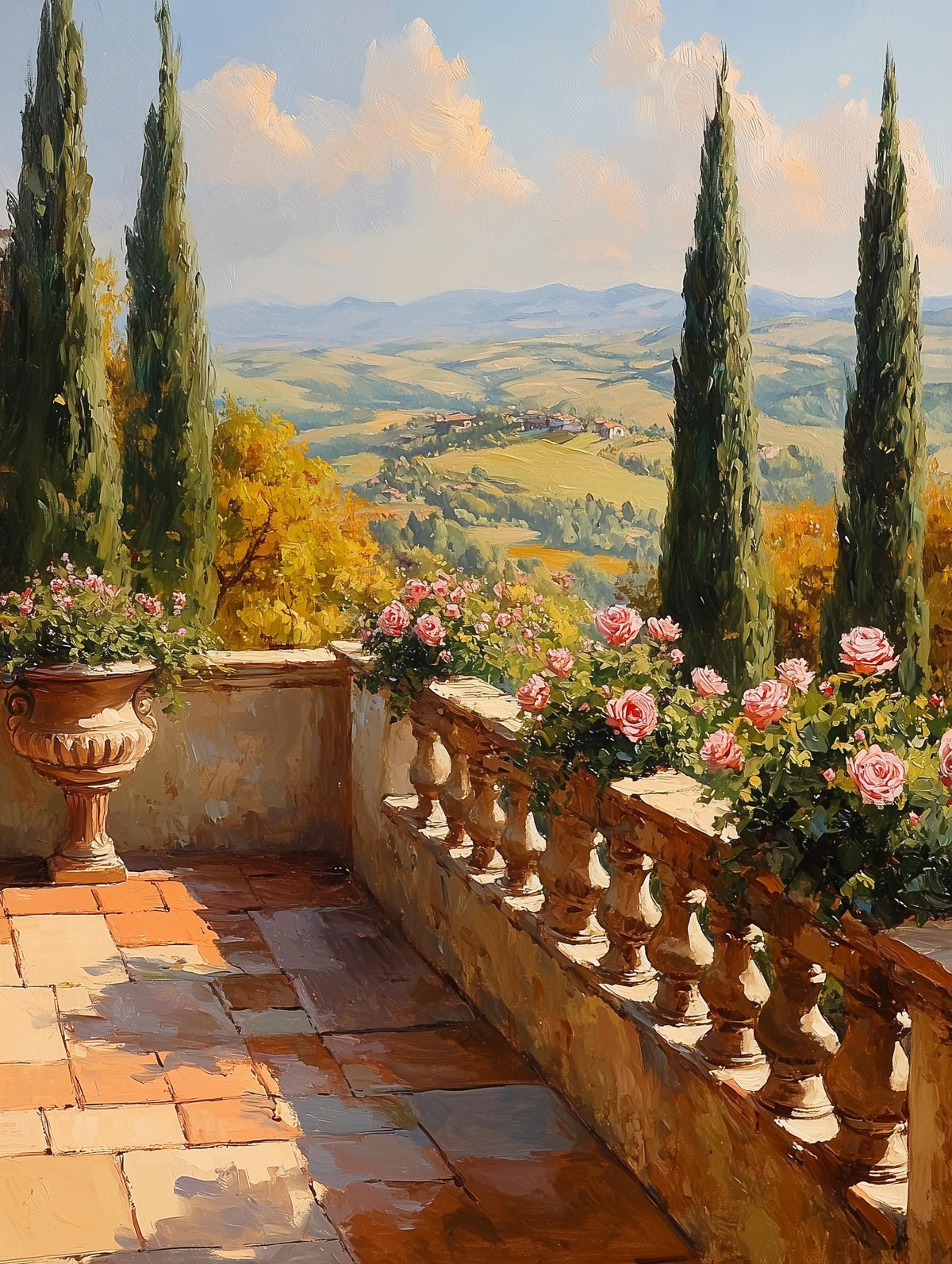 Italian villa garden painting with a stone balustrade in golden light