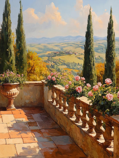 Italian villa garden painting with a stone balustrade in golden light