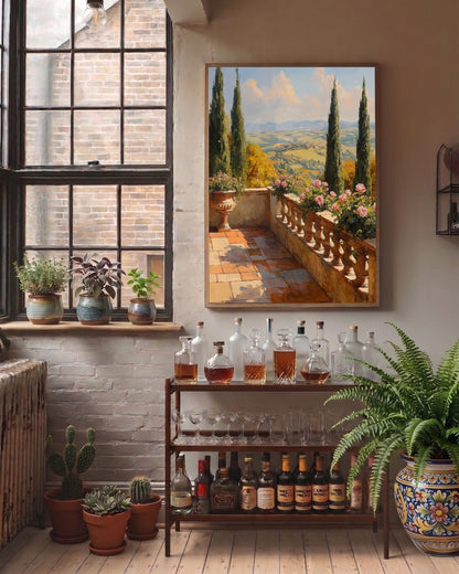 Oil-painting style view over the Italian countryside, made to order framed canvas