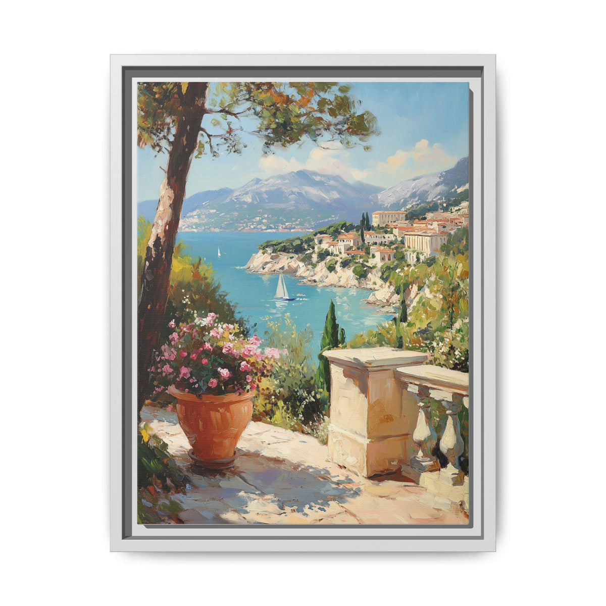 French Riviera wall art framed canvas print in a white wood frame
