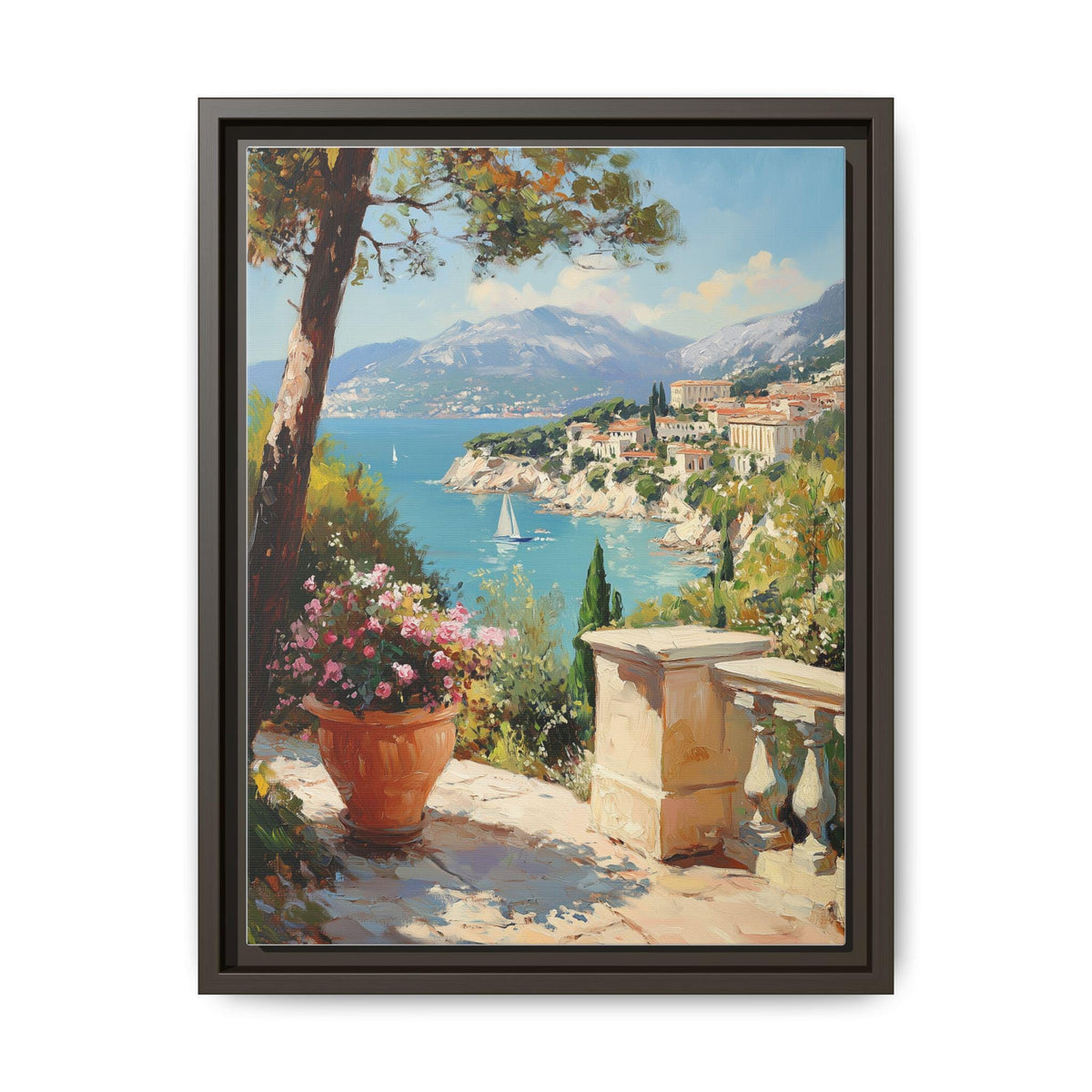 French Riviera wall art framed canvas print in an espresso wood frame