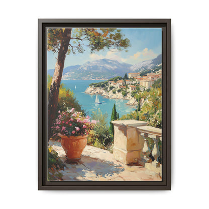 French Riviera wall art framed canvas print in an espresso wood frame