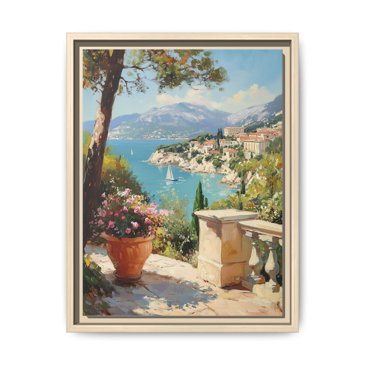 French Riviera wall art framed canvas print in a natural wood frame