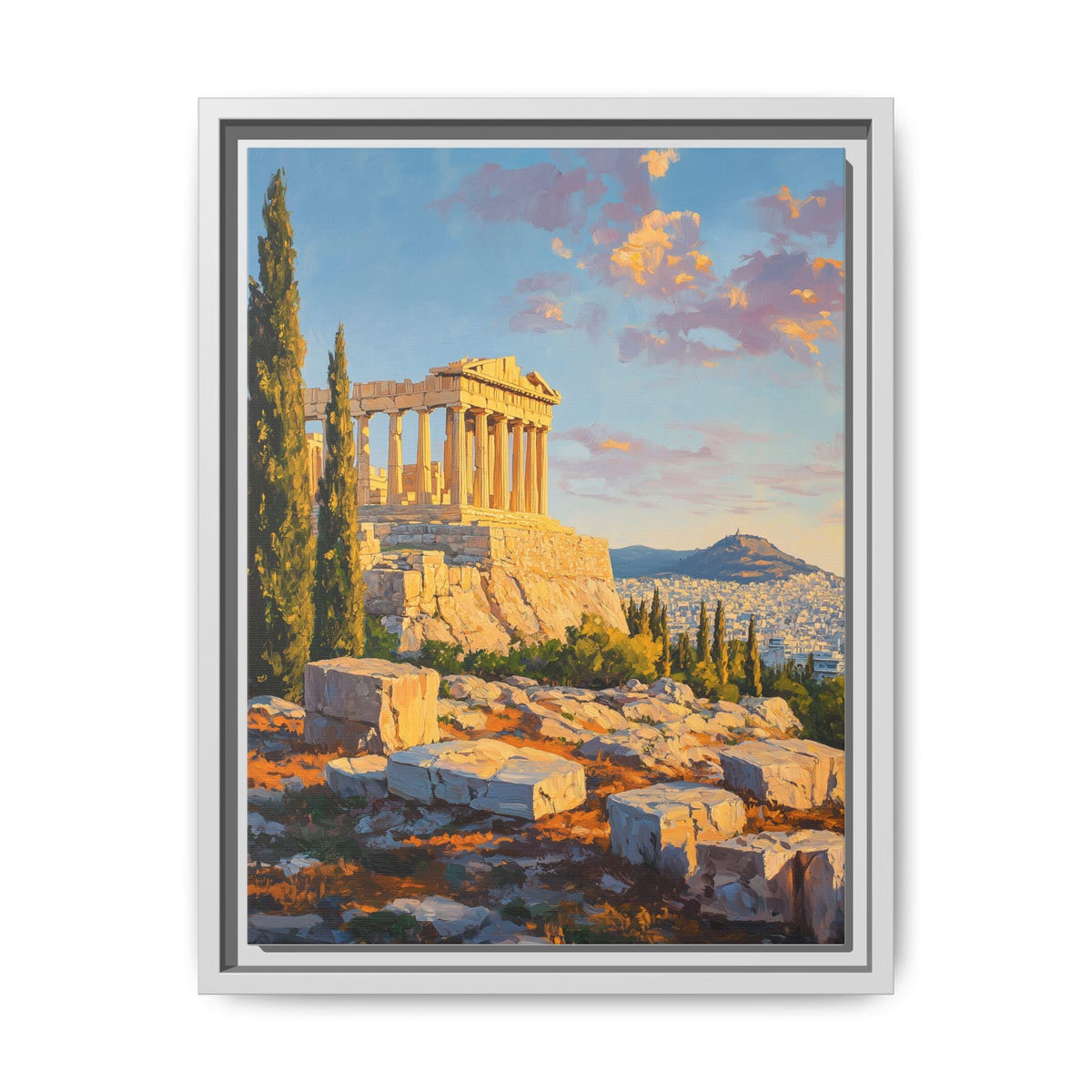 Acropolis wall art framed canvas print in a white wood frame