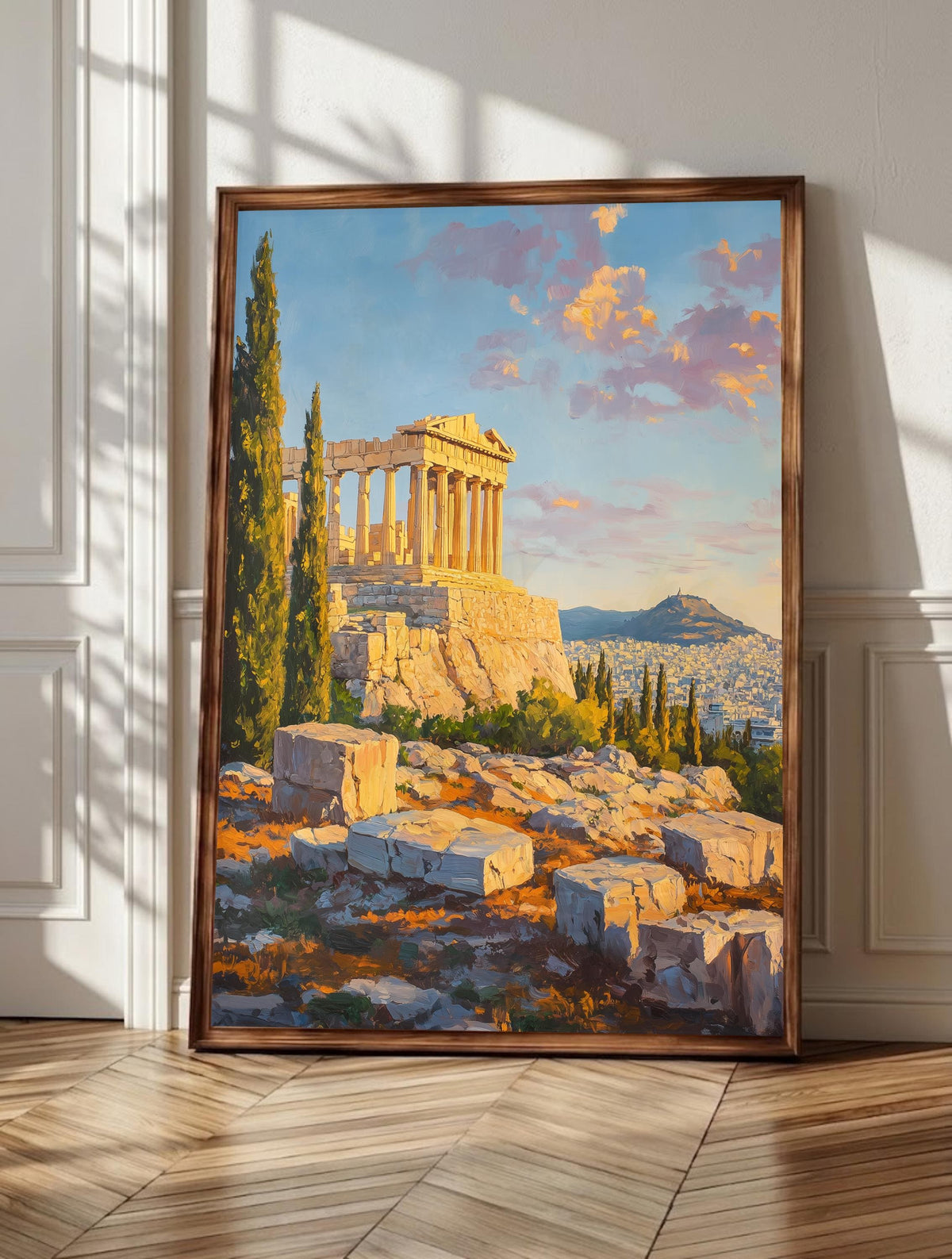 Acropolis wall art: the Parthenon glowing at golden hour above Athens, framed canvas print