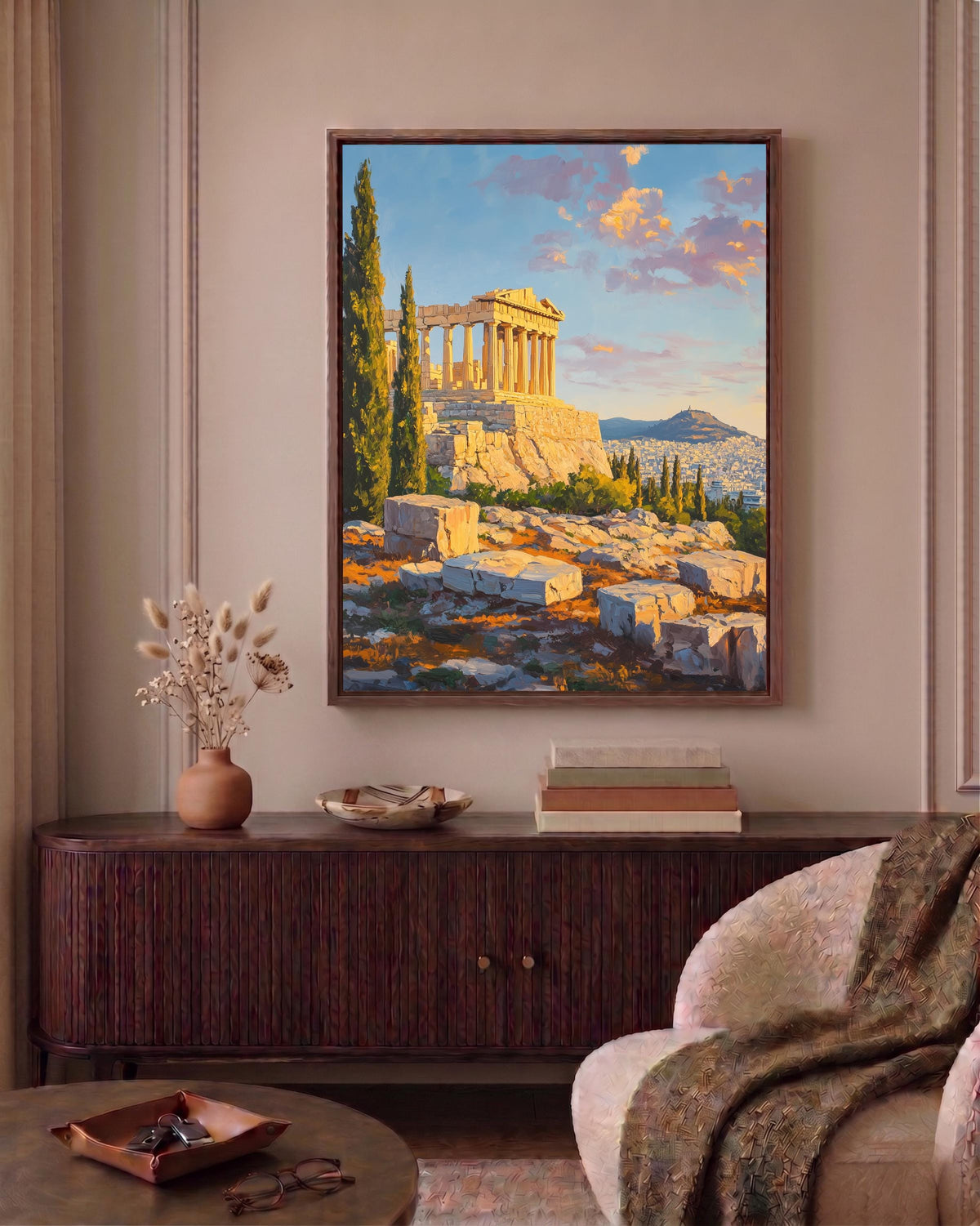 Oil-painting style Athens hilltop ruins in honey gold, printed on cotton canvas