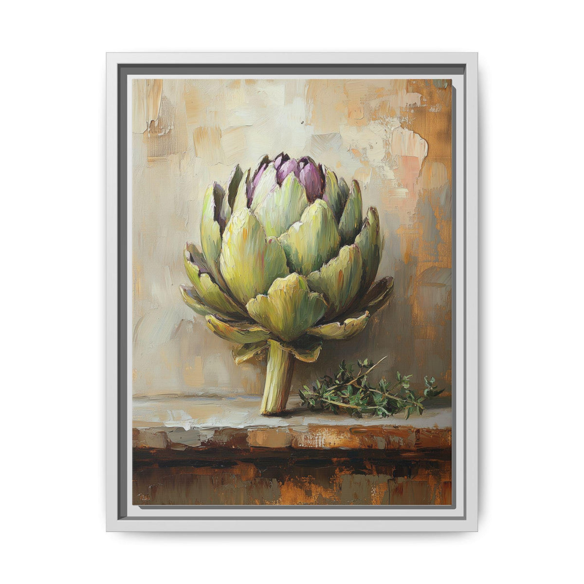 Artichoke wall art framed canvas print in a white wood frame