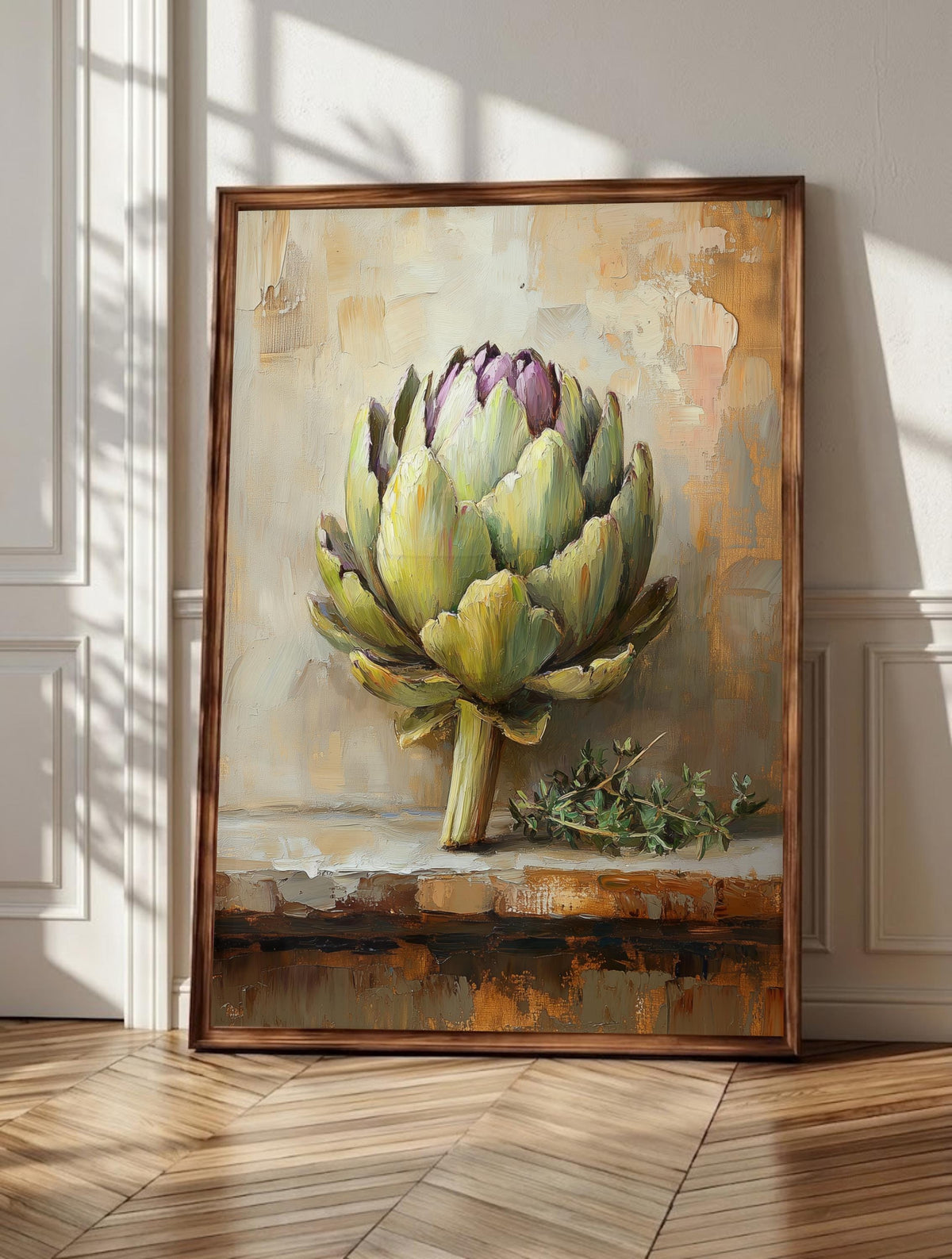 Artichoke wall art: a globe artichoke opening green leaves around a violet heart, framed canvas