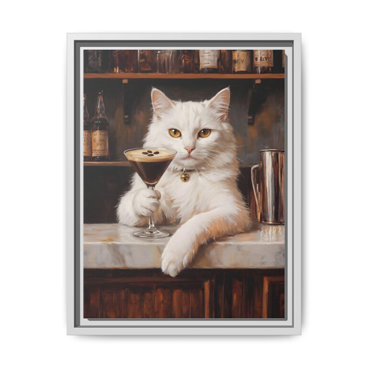 White Cat wall art framed canvas print in a white wood frame