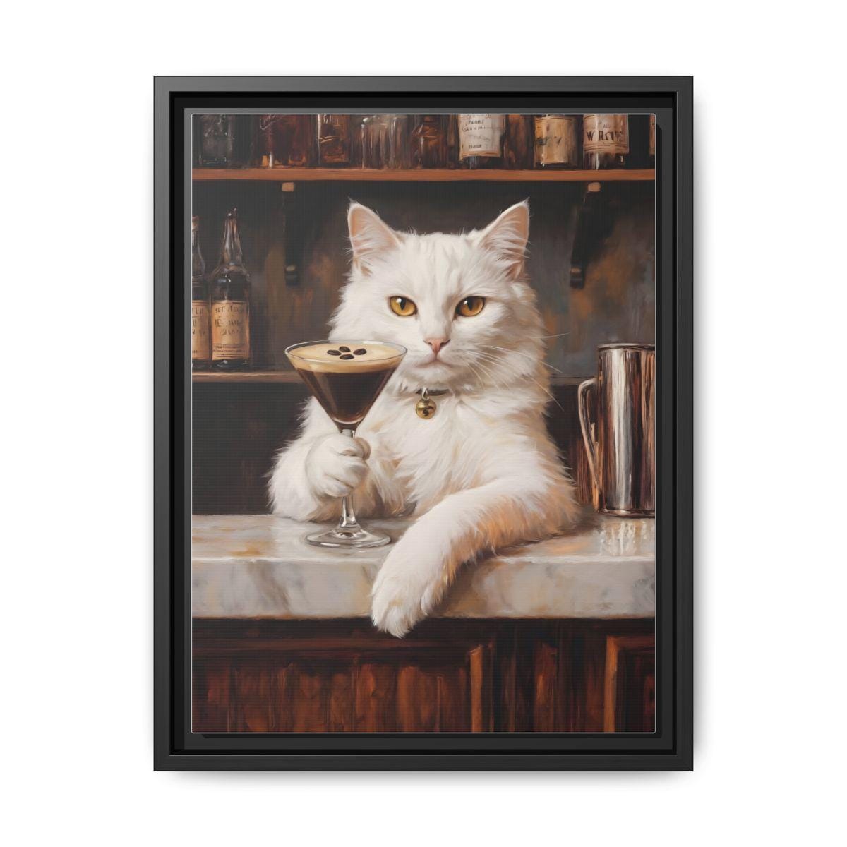 White Cat wall art framed canvas print in a black wood frame